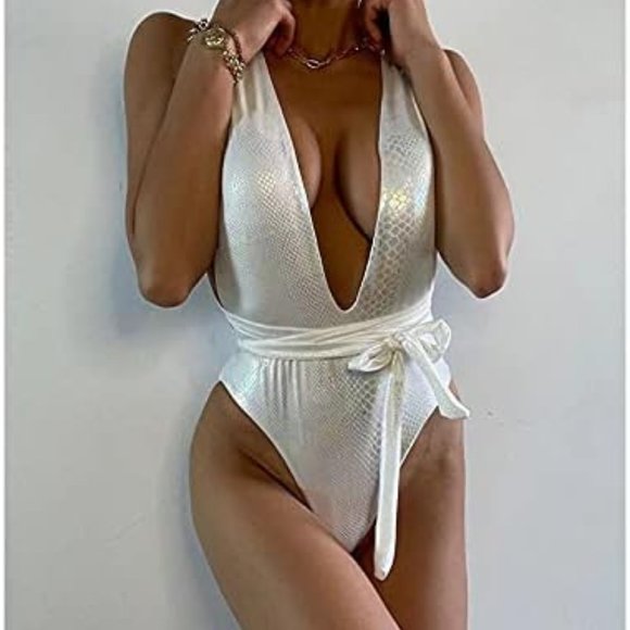 White Iridescent Snakeskin Swimsuit - Picture 1 of 7